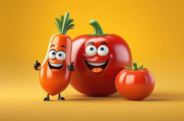 funny cute tomatoes with arms, legs and smiling faces on yellow background, vegan illustration.