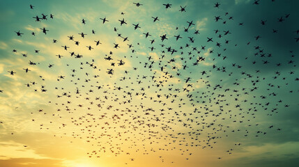 An AI-powered drone swarm creating intricate patterns in the sky at sunset