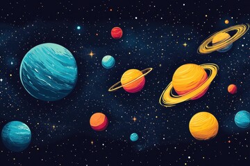 Colorful Planets and Stars in Outer Space with Cosmic Background