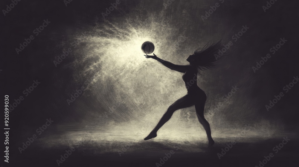 Wall mural Silhouette of a woman reaching for a ball of light in a dark and textured background.