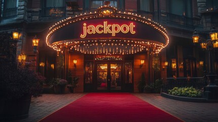 Luxurious Casino Entrance Illuminated at Night with Jackpot Sign and Red Carpet