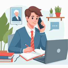 Young man working on computer. Business people sitting at office desk. Flat design vector 