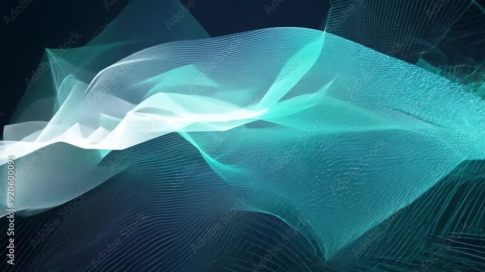 Poster flowing cyan lines on a dark low-poly mesh create a futuristic digital art concept symbolizing conne