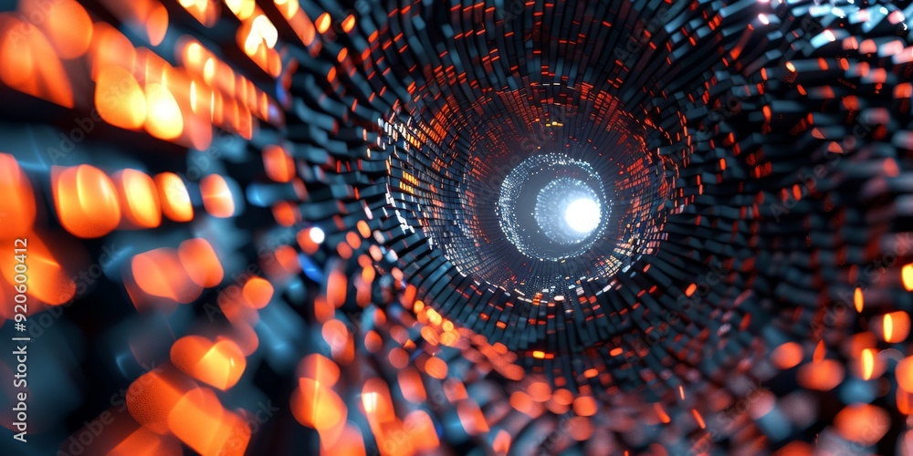 Poster a stunning abstract representation of a tunnel, brightly illuminated by vibrant and glowing particle