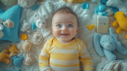 Fototapeta premium Adorable Smiling Baby Surrounded by Plush Toys in Cozy Nursery Setting
