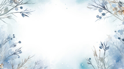 Winter Frame Background With Empty Space. Watercolor painting of a serene natural scene. Blank space. Soft palette color, calm and tranquil atmosphere.