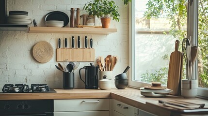 Kitchen interior with wooden utensils on countertop in modern kitchen