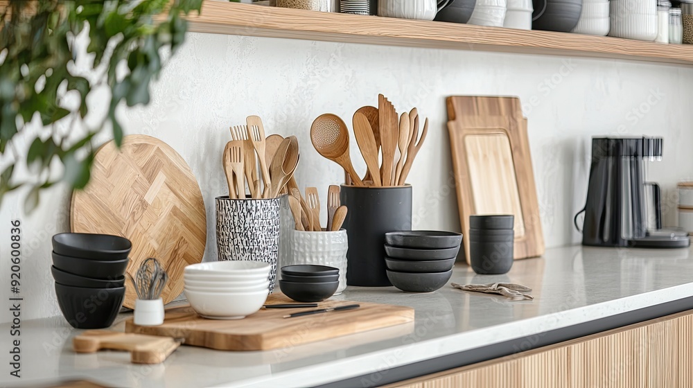 Wall mural Kitchen interior with wooden utensils on countertop in modern kitchen