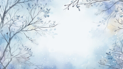 Winter Frame Background With Empty Space. Watercolor painting of a serene natural scene. Blank space. Soft palette color, calm and tranquil atmosphere.
