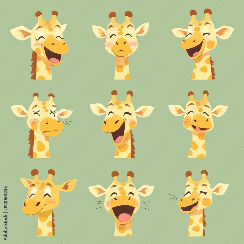 Poster Nine cute cartoon giraffes with different expressions isolated on a green background.