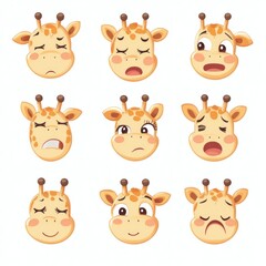 Nine cartoon giraffe faces with different expressions.