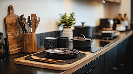 Kitchen interior with wooden utensils on countertop in modern kitchen