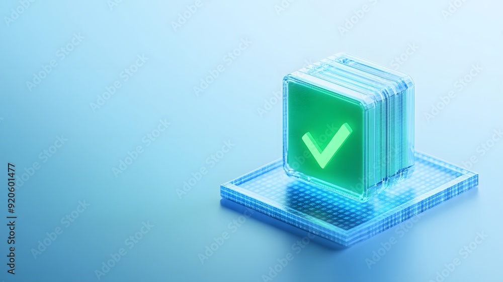 Poster 3d green checkmark icon on a transparent block representing approval and verification, set against a