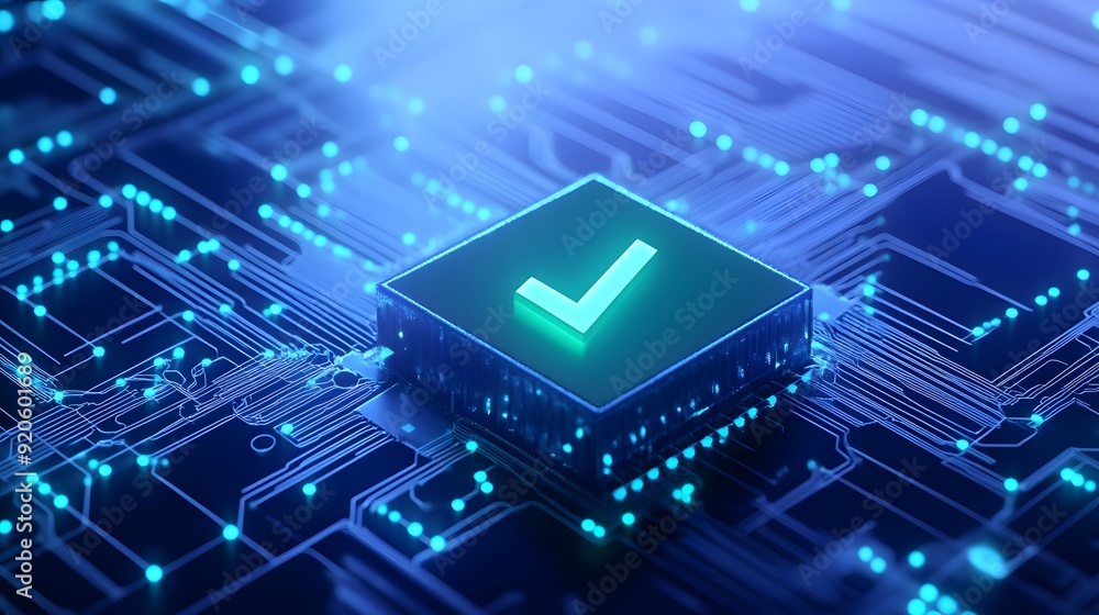 Poster 3d illustration of a glowing green checkmark on a microchip circuit board, symbolizing technology va