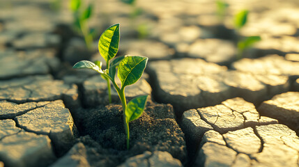 Tiny green life defying odds, sprouting amidst cracked, dry soil in a battle for survival