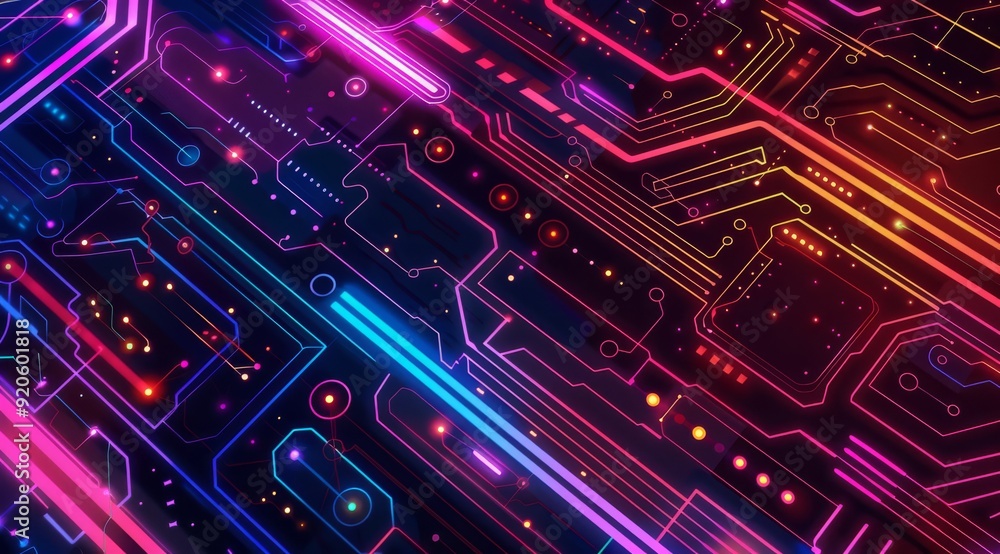 Poster a vibrant and intricate circuit design featuring glowing neon lines in a visually striking hightech,