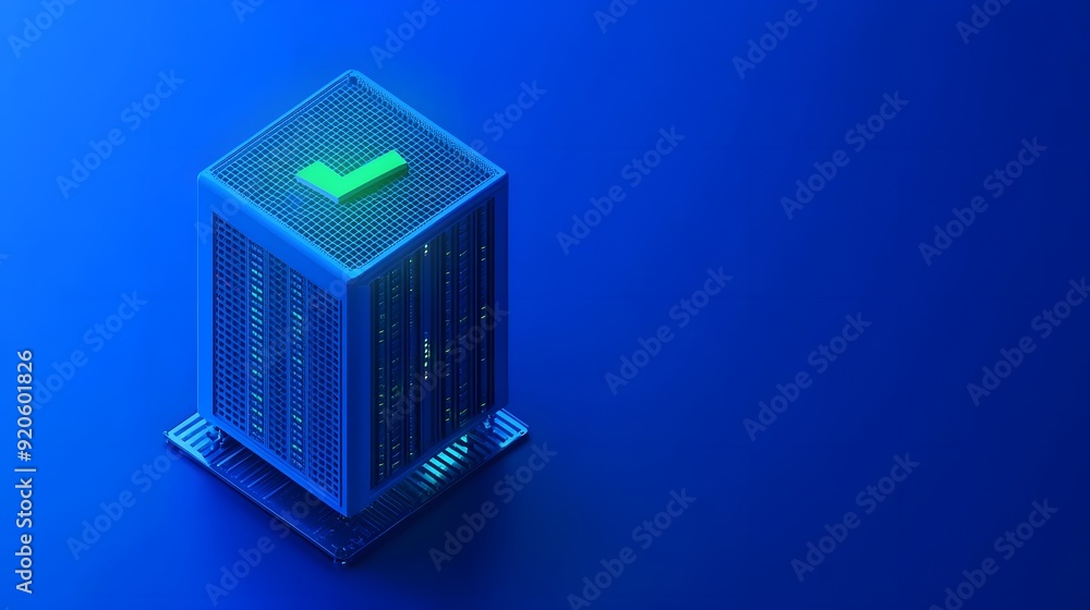 Poster 3d illustration of a server with a green checkmark, symbolizing secure data storage on a blue backgr