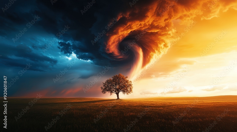 Poster a tornado forming over a vast open prairie with a single tree standing in its path. typhoon