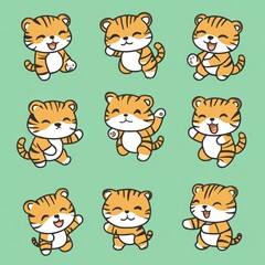 Fototapeta premium Cute cartoon tiger with different poses.