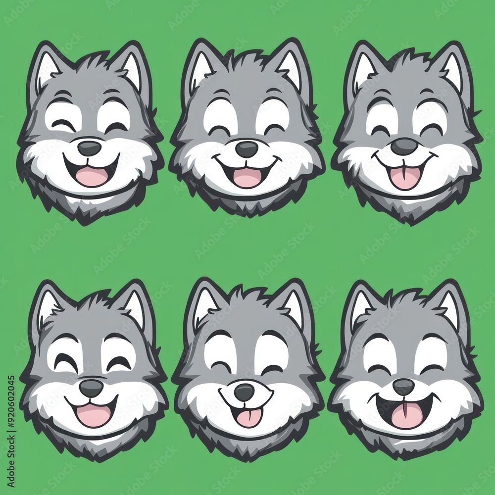 Canvas Prints Six cartoon wolf heads with different expressions, set against a green background.