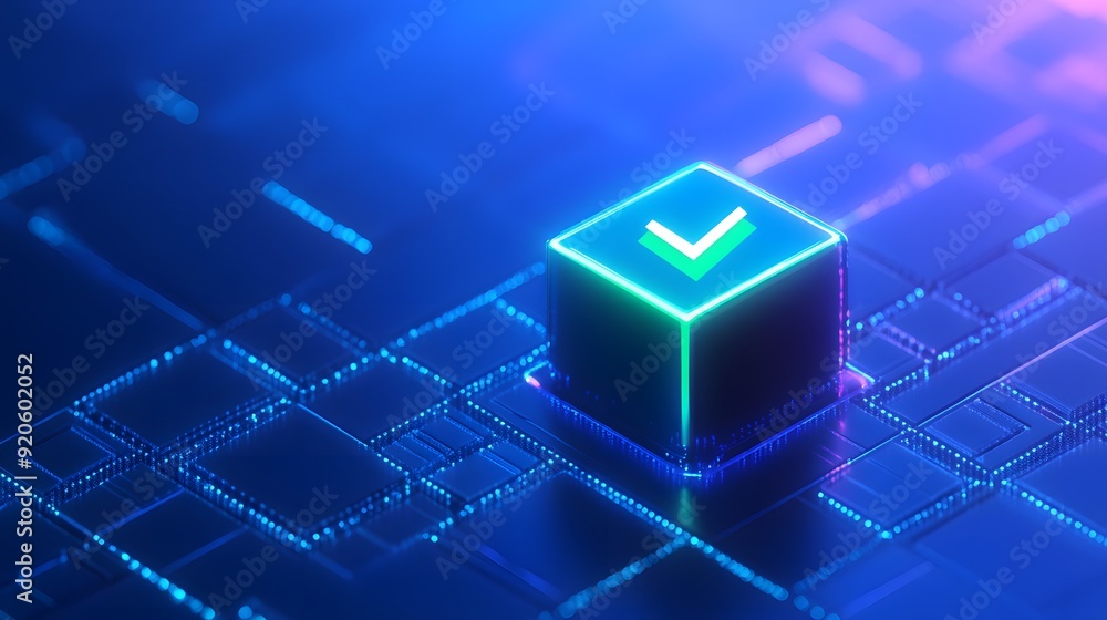 Poster 3d representation of a digital checklist concept with a checkmark cube on a glowing blockchain netwo
