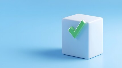 3D white cube with green check mark on light blue background, symbol of approval, correctness, or successful completion