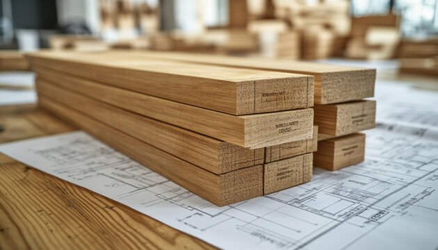 Stack of wooden planks lying on construction plan in carpentry workshop