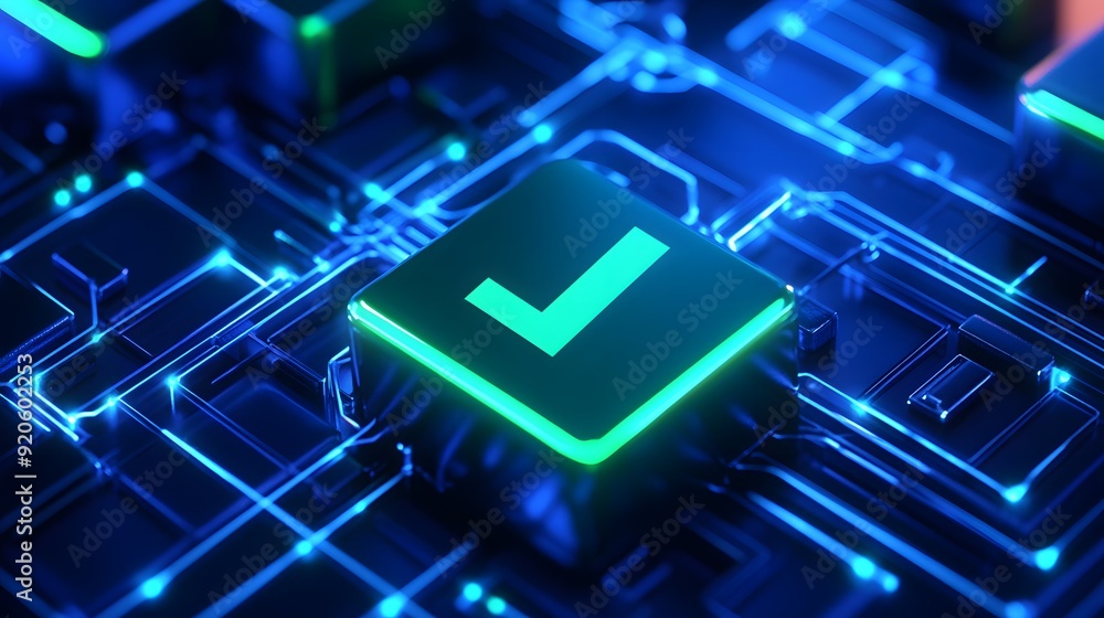 Poster a close-up of a glowing checkmark button on a futuristic electronic circuit board, representing tech