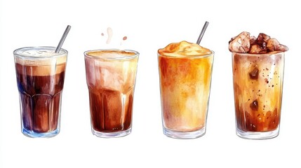 Hot and cold coffee beverage with watercolor decoration,iced cafe latte,Espresso,americano,cappuccino,Isometric Vector illustration blended coffee for logo,marketing,banner,menu cafe or coffee shop.