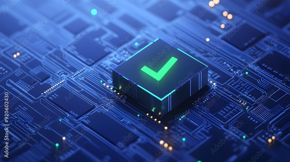 Poster a close-up of a microchip with a green checkmark, symbolizing technology verification and successful