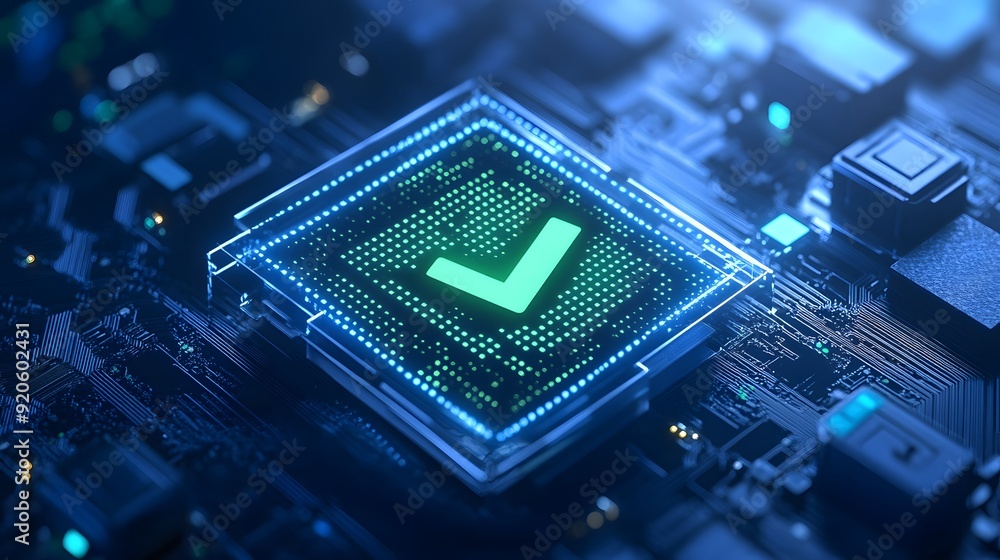 Poster a close-up view of a glowing microchip with a checkmark symbol, representing digital security and cy
