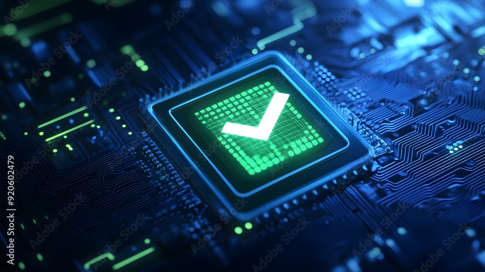 Poster a digital check mark icon on a circuit board, symbolizing approval or completion in technology and d