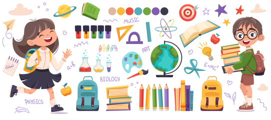 Big set of school supplies and schoolboy in glasses and cute happy girl. Welcome back to school vector illustration in a flat cartoon style isolated on a white background.