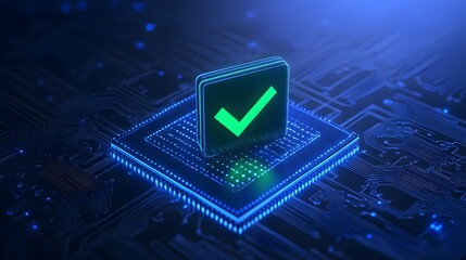 A futuristic digital illustration depicting a green checkmark on a microchip, symbolizing technology approval and security in a blue-tinged environment.