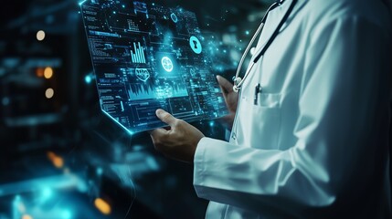 A doctor analyzes digital health data on a futuristic touchscreen display in a modern medical facility during a research session