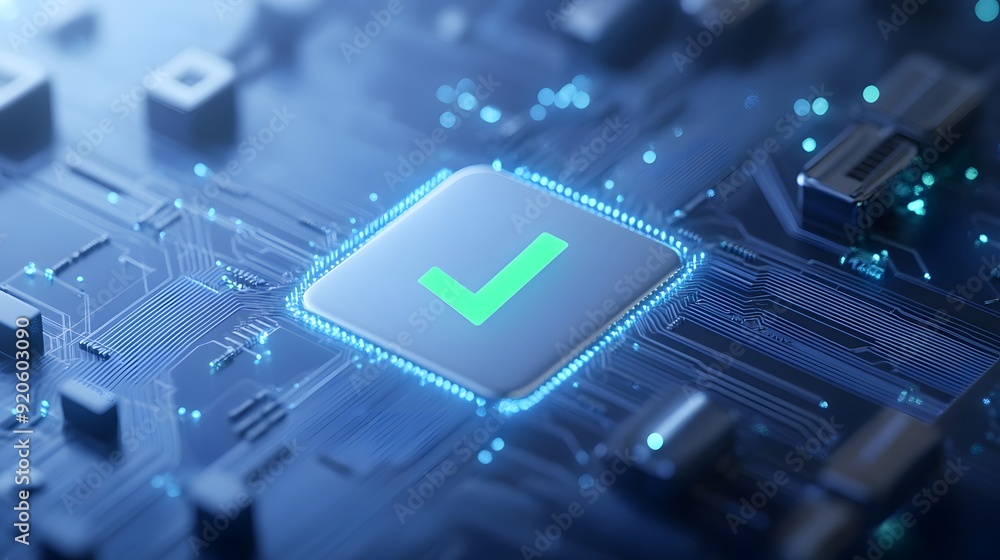 Poster a futuristic microchip with a glowing checkmark symbol, representing successful processing and advan