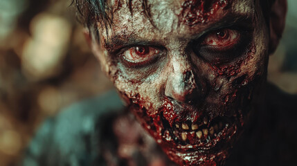 Obraz premium Detailed close-up of a terrifying zombie with decayed flesh and haunting eyes, perfect for horror themes and Halloween designs.