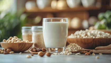 Glass of vegan oat milk surrounded by almonds, hazelnuts and oats in a kitchen