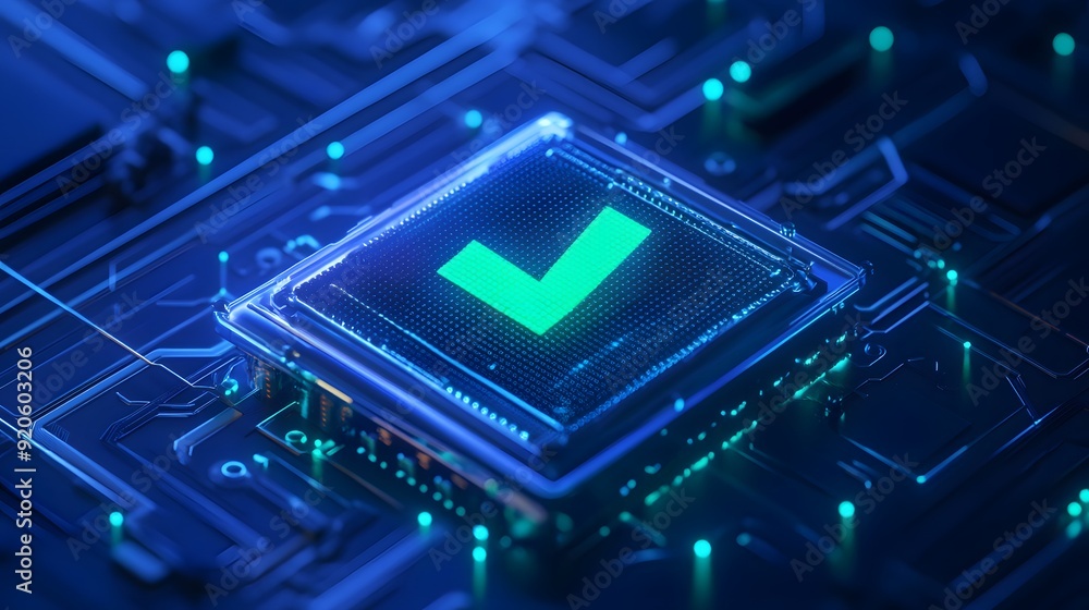 Poster a glowing checkmark on a futuristic circuit board representing digital verification and technology i