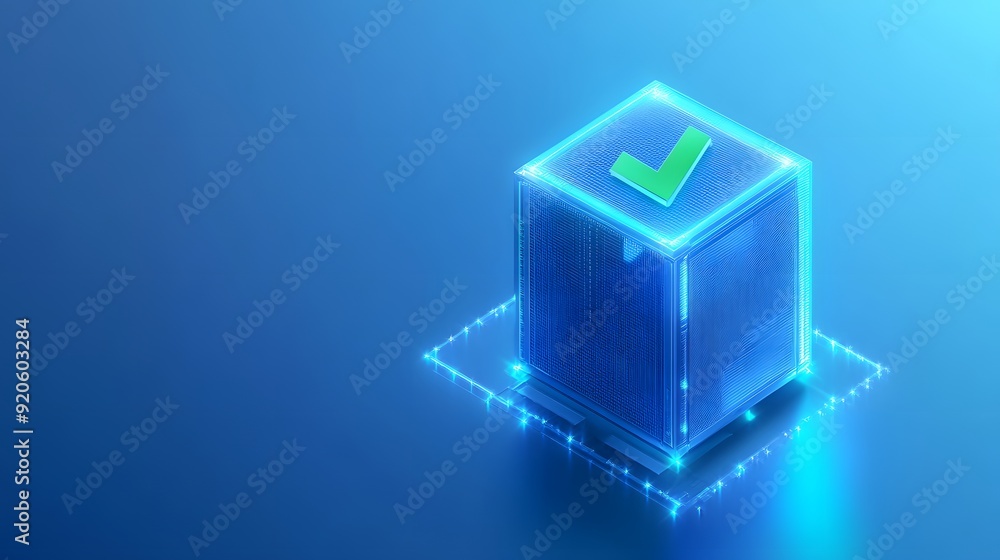 Poster a glowing cube with a green checkmark symbol on a blue background, representing verification or appr