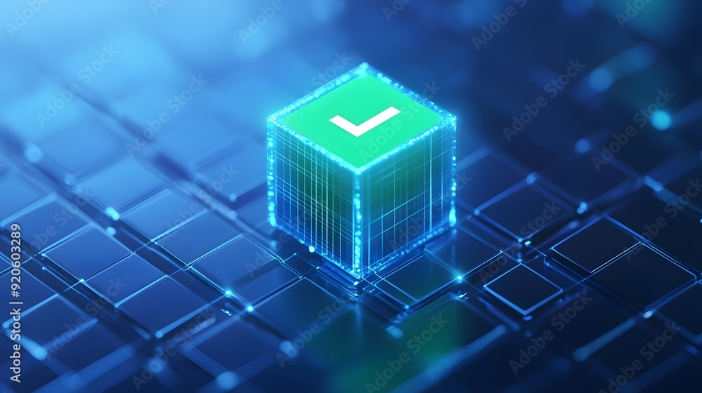 Poster a glowing digital cube with a green checkmark on a high-tech blue grid background, symbolizing techn