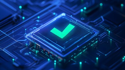 A glowing checkmark on a futuristic circuit board representing digital verification and technology innovation.