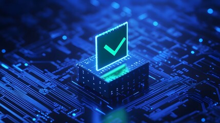 A glowing checkmark on a microchip, symbolizing successful electronic validation or cybersecurity concept on a digital circuit board.