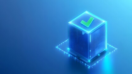 A glowing cube with a green checkmark symbol on a blue background, representing verification or approval.