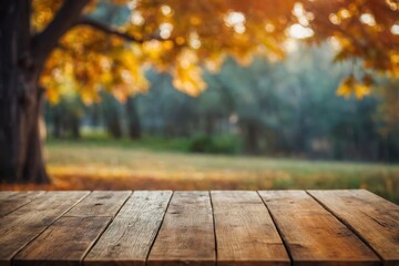 Beautiful empty wooden rustic table thanksgiving day holiday festive decoration product, beverage, food placement display with blurred natural background