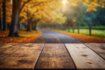 Beautiful empty wooden rustic table thanksgiving day holiday festive decoration product, beverage, food placement display with blurred natural background