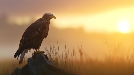 Fototapeta premium Majestic bald eagle silhouetted against a stunning sunset.