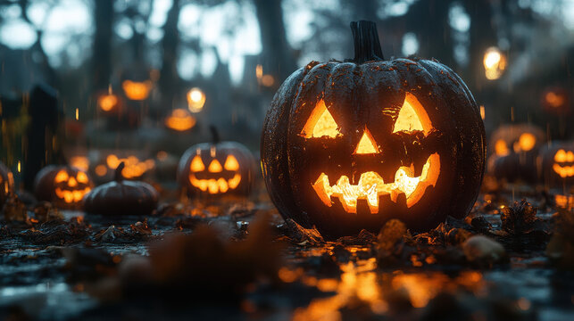 Glowing carved pumpkins in a spooky dark forest, creating an eerie Halloween atmosphere with haunting lights and shadows.