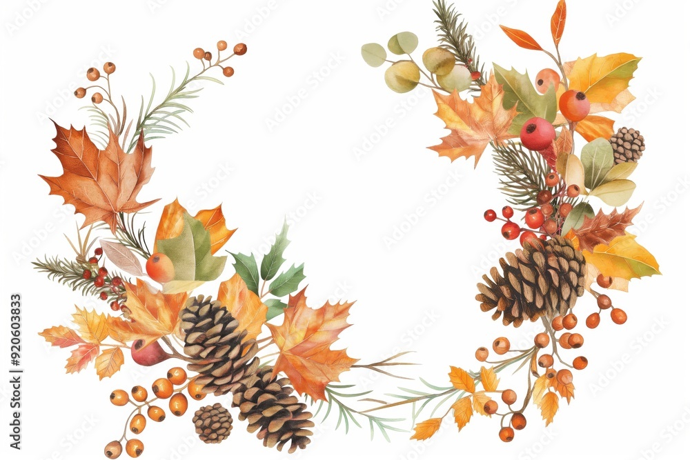 Poster watercolor autumn leaves and berries creating a circular negative space with a white background