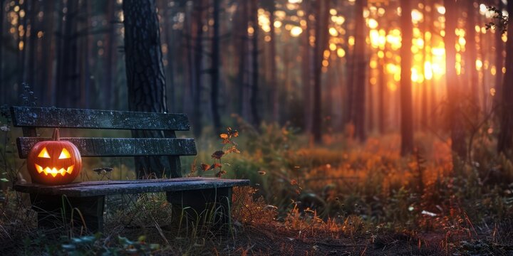 spooky forest in sunset with halloween pumpkin